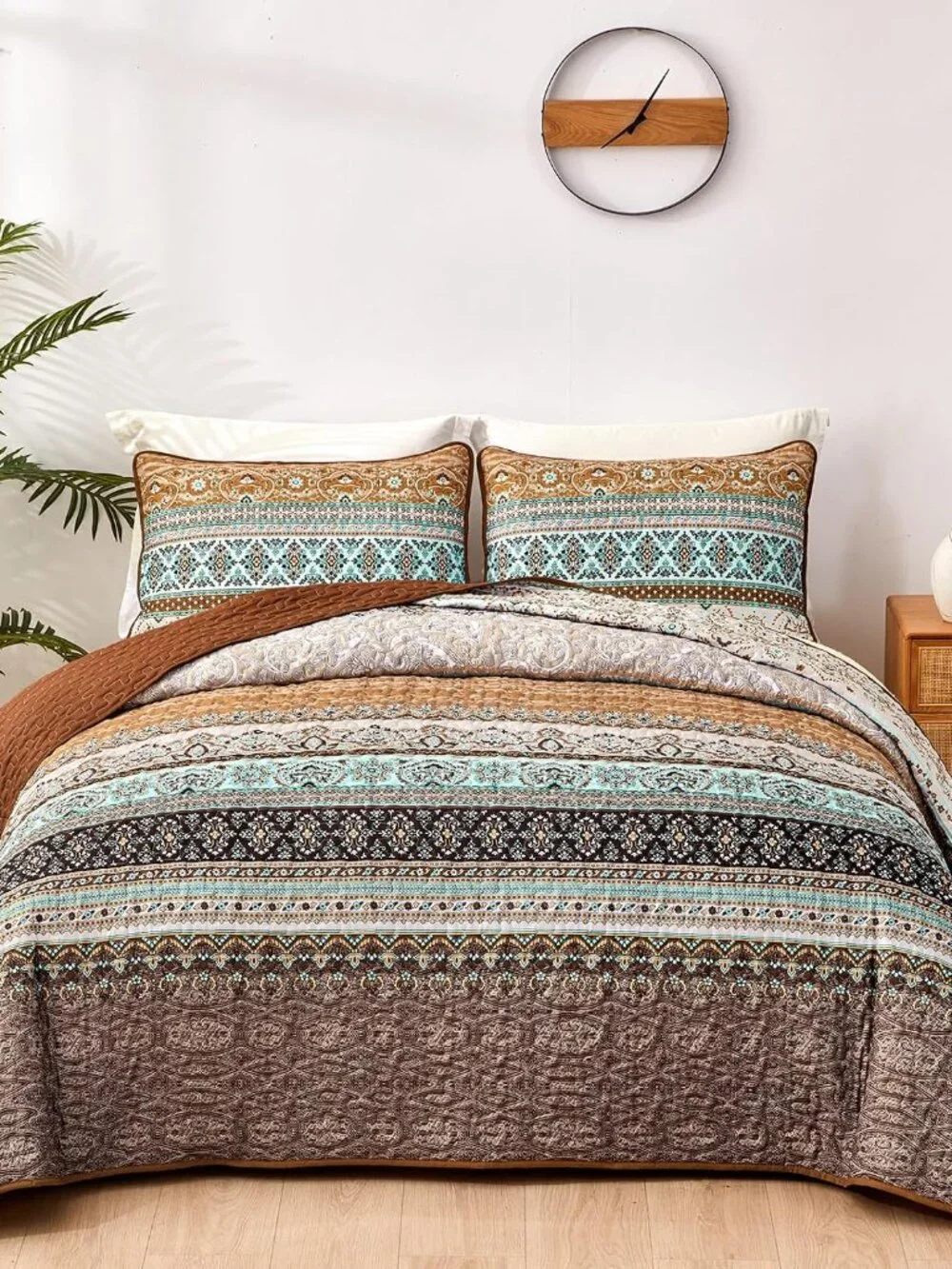 Boho Quilts Queen Size, 3 Pieces Bedspread Bedding Set, Brown | Bohemian Lightwe
